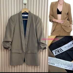 Zara Ruched Beige Tan Blazer Size Small Oversized
